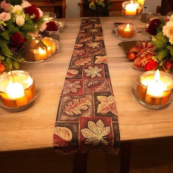 Fall Leaves Placemats Set of 4 & Table Runner Tapestry Reds Oranges Autumn Color - Picture 2 of 9